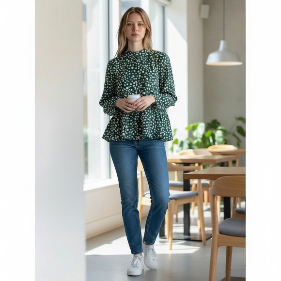 Solution Tops - Cottagecore Dark Academia Solution Peplum Blouse S Green Polka Dot Ruffle